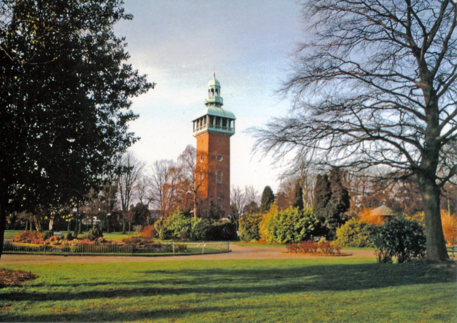 Queens Park, Loughborough. Post 1960: Looking across informal beds to Carillon Tower. (File:1141)