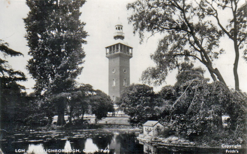 Queens Park, Loughborough. Undated: The lake with duck house, with Carillon Tower in background. (File:1438)