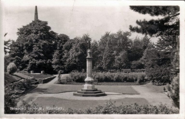 Memorial Gardens, Hinckley. 1941-1960: War memorial. Franked 1955 (File:1221)