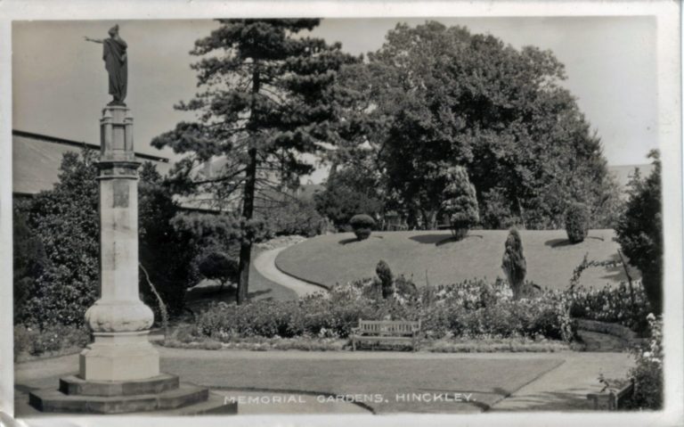 Memorial Gardens, Hinckley. 1941-1960: View of gardens with war memorial in foreground. Franked 1953 (File:1354)